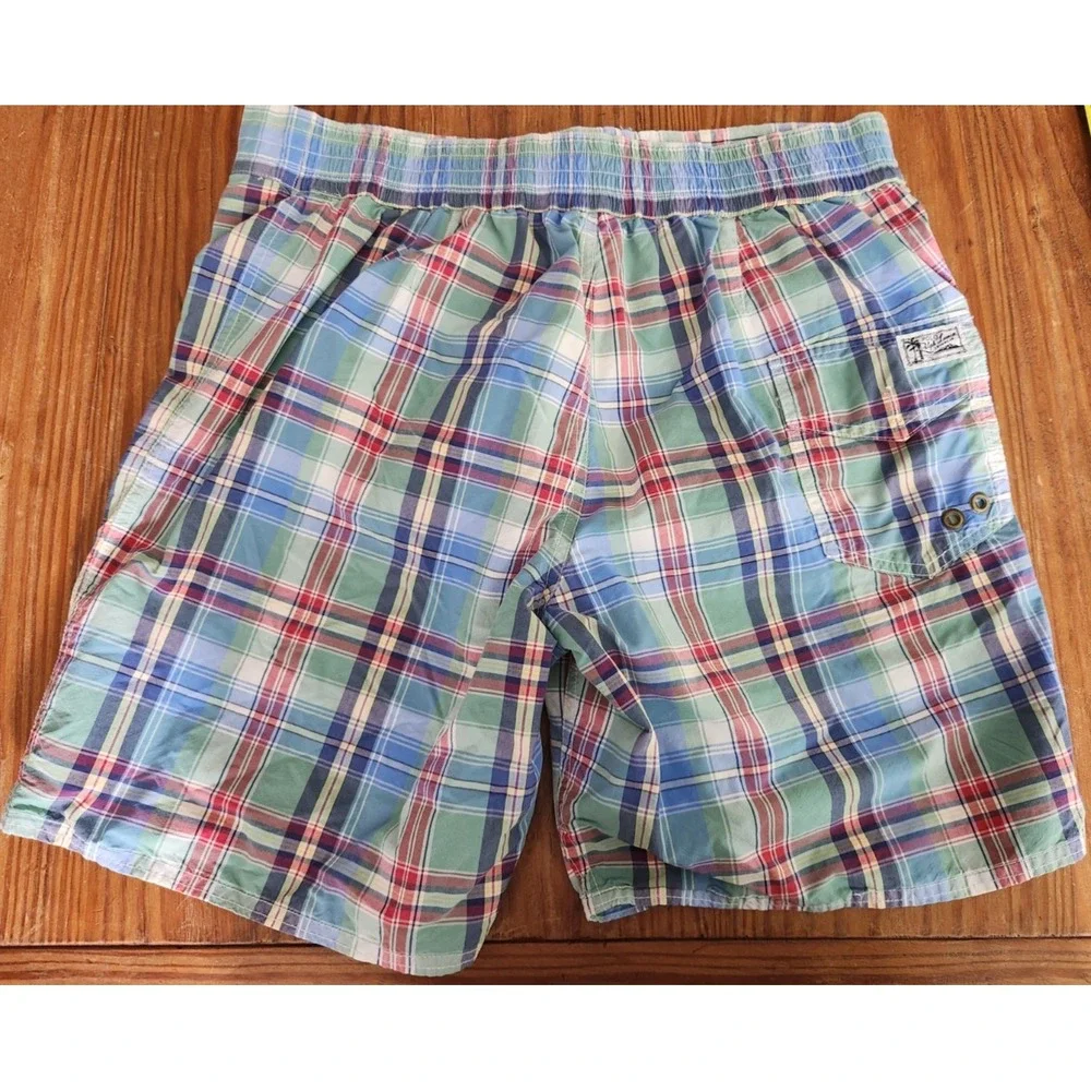 Polo Ralph‎ Lauren Blue Green Plaid Swim Trunks Shorts Mesh Yellow Pony Lrg Vtg